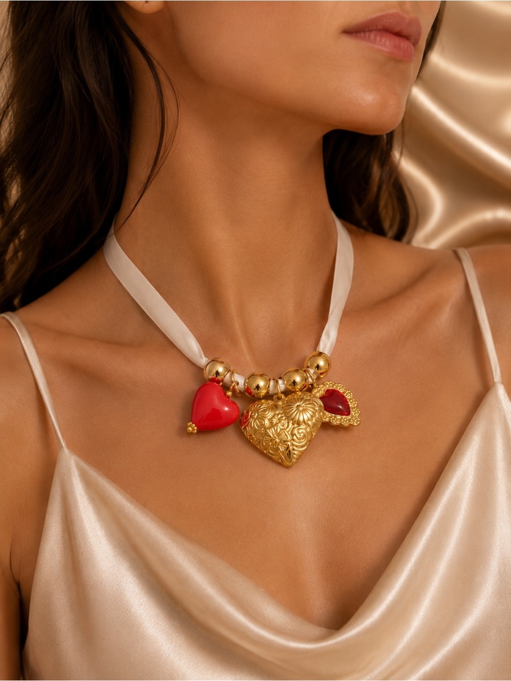 Golden Heart Charm Romantic Red & Gold Choker Satin Ribbon Necklace
